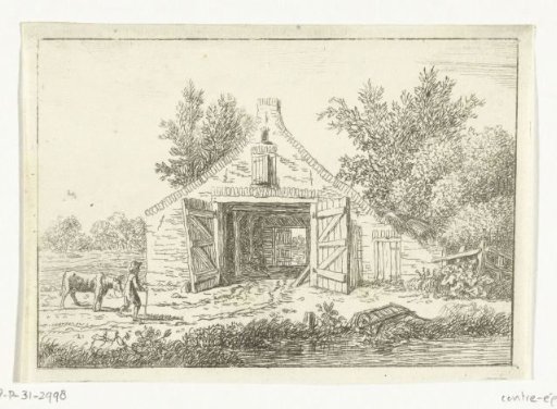 Man with a cow in front of a barn outside Hattem