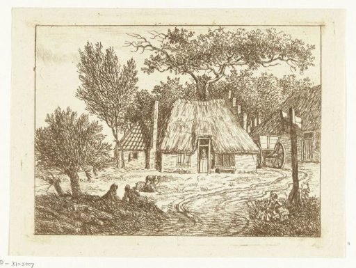 Cart standing next to a farmhouse with a stepped gable
