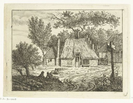Cart standing next to a farmhouse with a stepped gable