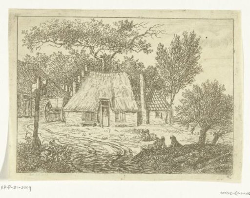 Cart standing next to a farmhouse with a stepped gable