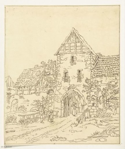 Several figures at an old city gate