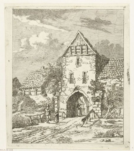 Several figures at an old city gate