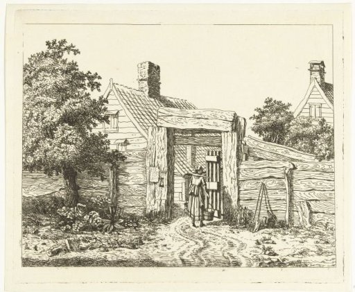 Milkmaid at the gate of a farmhouse