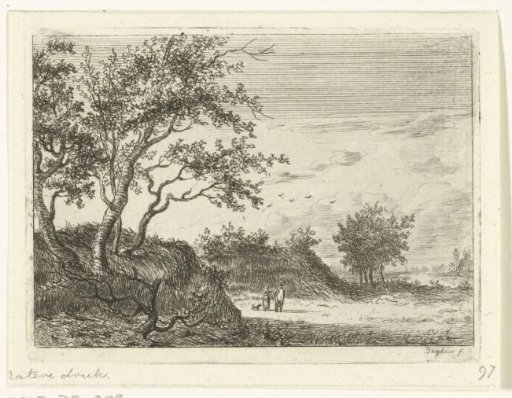 Dune landscape with a man, woman and dog