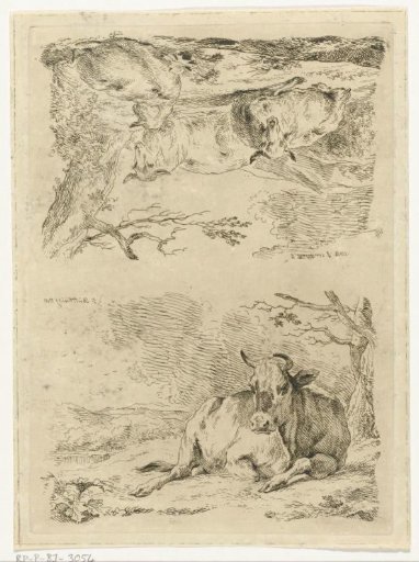 Sheet with two depictions of lying cattle