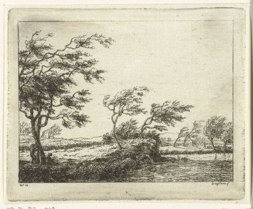 River landscape with trees bent by the storm