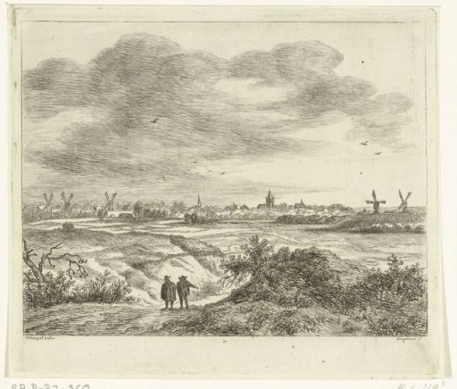 View of a village with mills, in the foreground two pedestrians