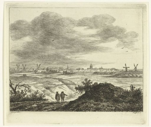 View of a village with mills, in the foreground two pedestrians