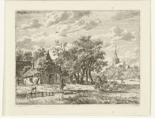 Village view with a maid drawing water from the ditch