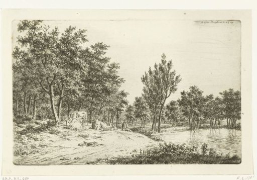 Landscape with shepherd and his flock by a pond