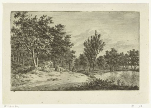 Landscape with shepherd and his flock by a pond