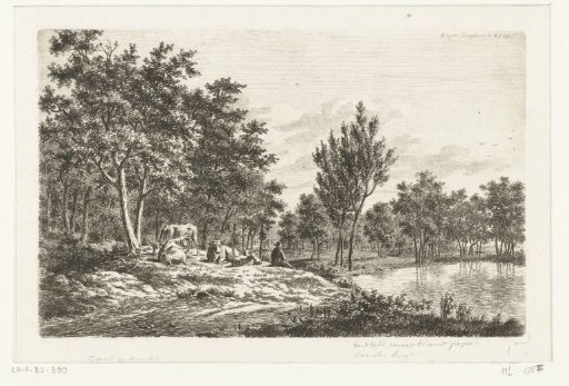 Landscape with shepherd and his flock by a pond