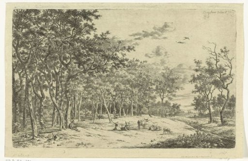 Landscape with a shepherd and his flock at the edge of the forest