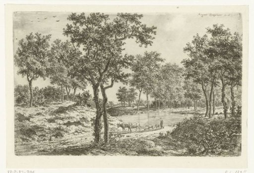 Landscape with shepherdess and flock in front of a pond with two ducks