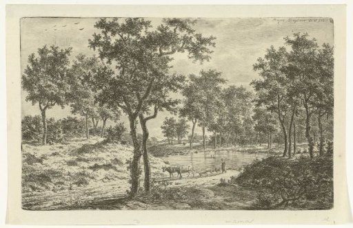 Landscape with shepherdess and flock in front of a pond with two ducks