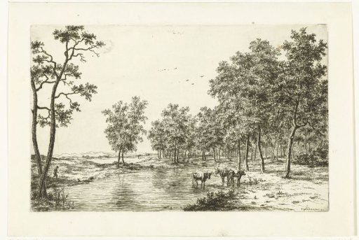 Landscape with three cows in a pool