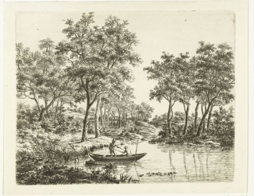 Landscape with two anglers in a boat on a pond