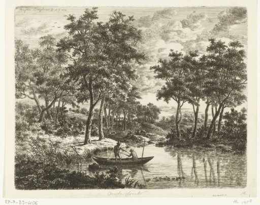 Landscape with two anglers in a boat on a pond