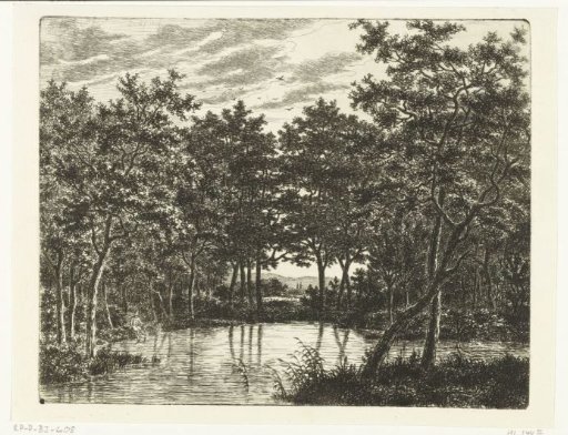 Landscape with a pond, on the left sits a fisherman with a pointed hat