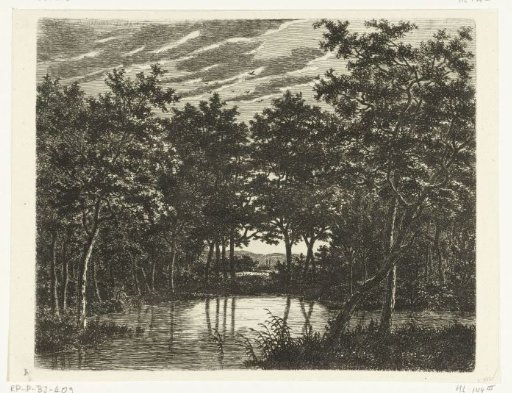 Landscape with a pond, on the left sits a fisherman with a pointed hat