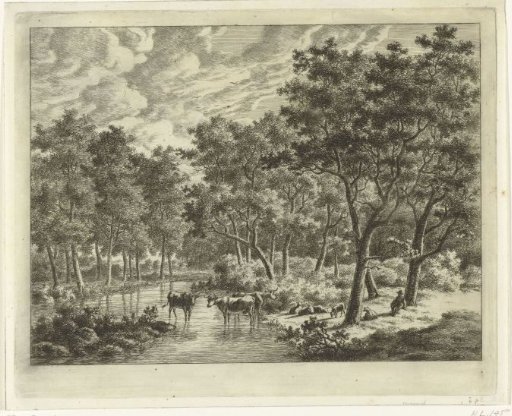 Landscape with three cows in a pool, on the right a shepherd leans against a tree