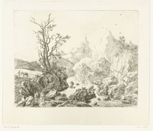 Rocky landscape in Styria, on the left a man with a mule