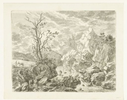 Rocky landscape in Styria, on the left a man with a mule