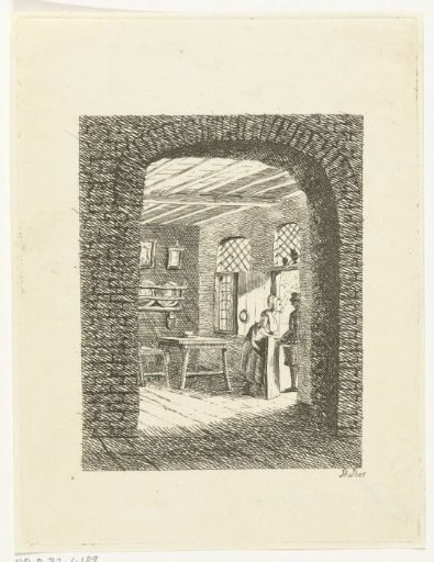 View through a doorway with a man and woman talking at the door