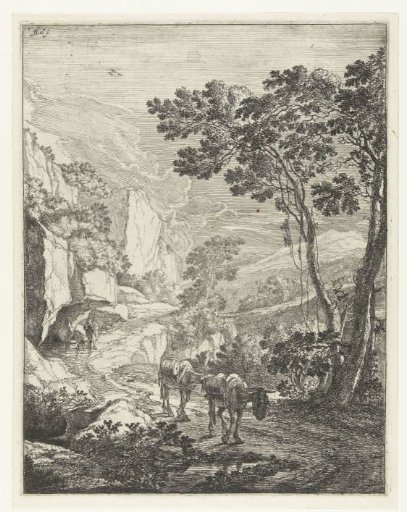 Landscape with two mules before the Rocca Aquatico near Ancona
