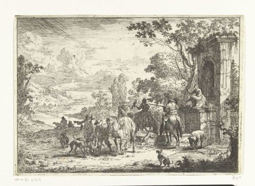 Hunters resting by a Neptune fountain