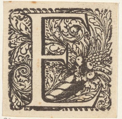 Letter E in a frame with the horn of plenty