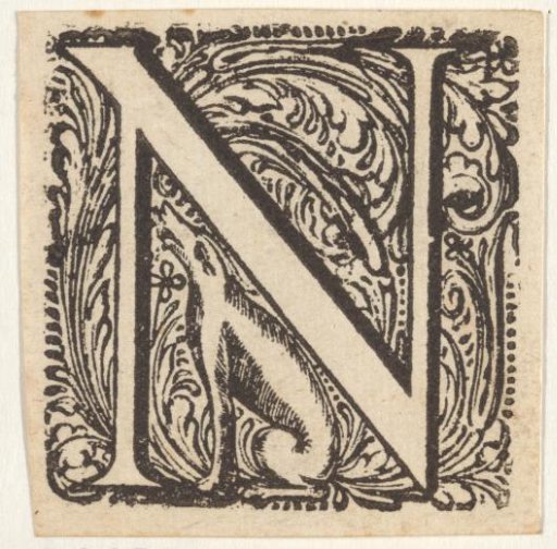 Letter N in a frame with a wolf or a dog