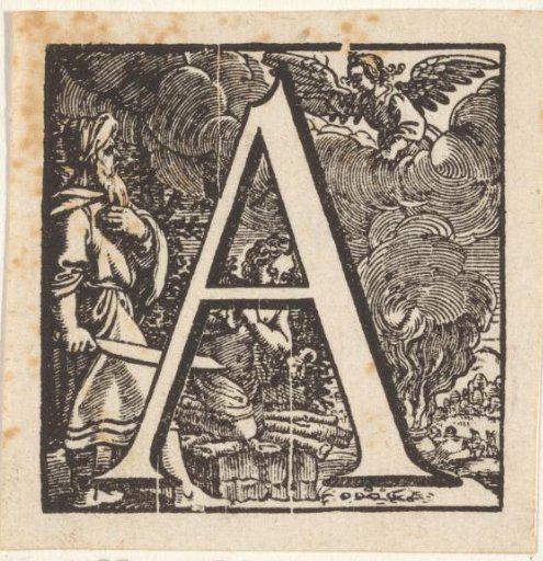 Letter A in a frame with a representation of Abraham sacrificing Isaac