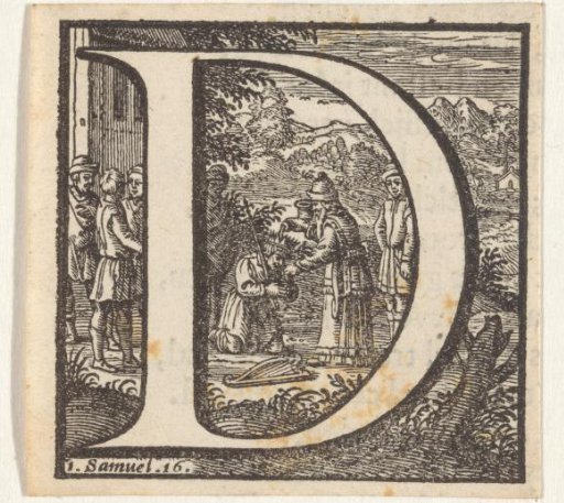 Letter D in a frame with a representation of David being anointed king by Samuel