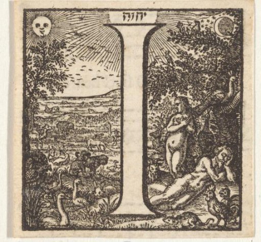 Letter I in a frame with a representation of Adam and Eve surrounded by animals in paradise