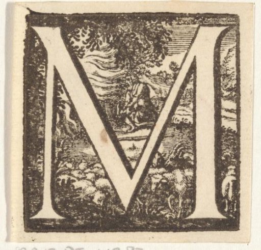 Letter M in a frame with a biblical representation