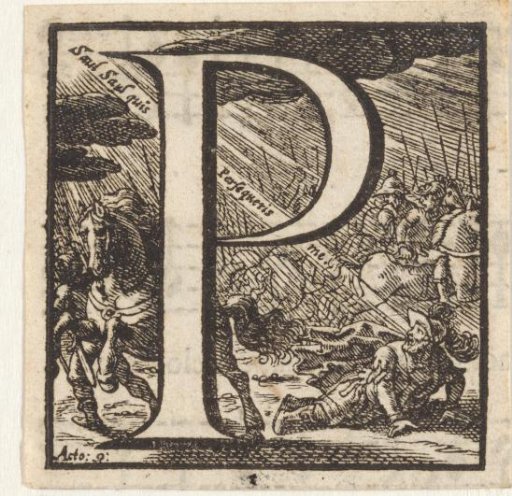 Letter P in a frame with a representation of Paul being blinded by the appearance of Christ on the way to Damascus