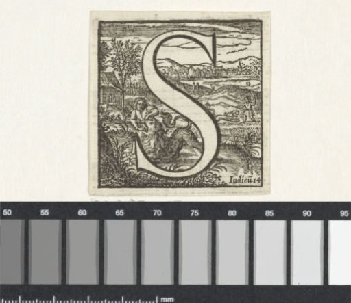 Letter S in a frame with a representation of Samson killing the lion with his bare hands