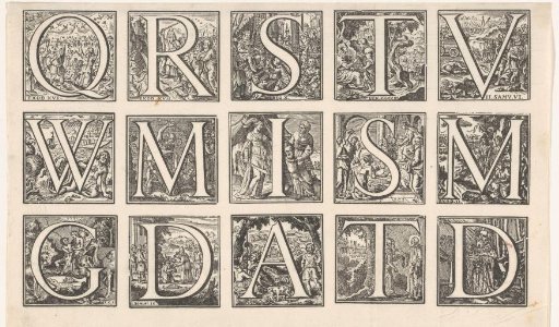 Alphabet in a Frame with Scenes from the Old and New Testament