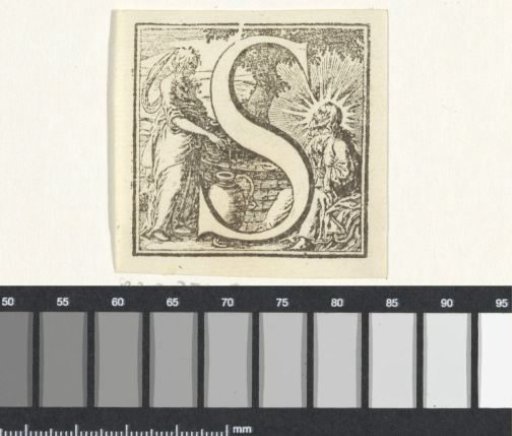 Letter S in a frame with a representation of Christ and the Samaritan woman
