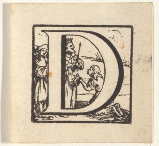 Letter D in a frame with a biblical representation