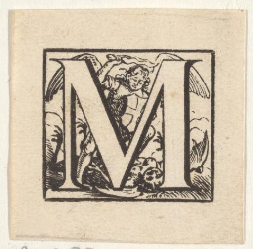 Letter M in a frame with a representation of Saint Michael fighting the dragon
