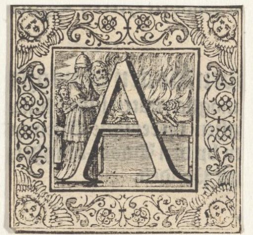 Letter A in a frame with a representation of Abraham sacrificing a ram instead of Isaac