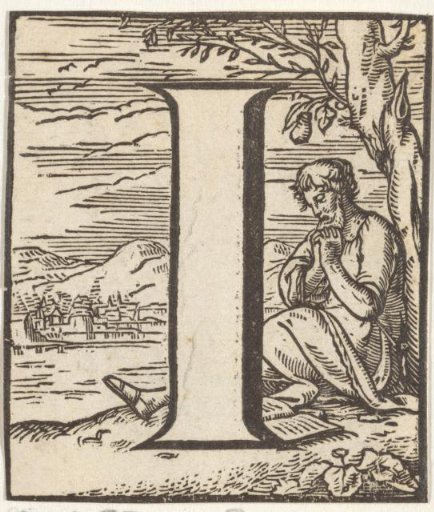 Letter I in a frame with a representation of a praying man with a book under a tree