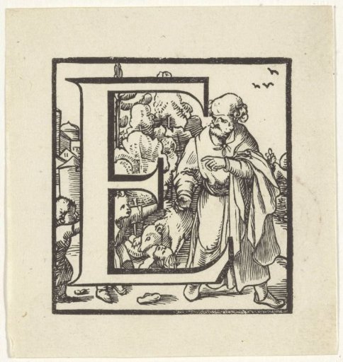 Letter E in a frame with a representation of the punishment of the children who mocked Elisha