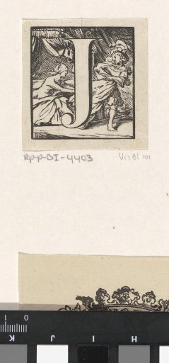 Letter J in a frame with a representation of the chastity of Joseph as he flees from the wife of Potiphar