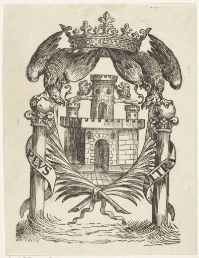 Castle with two lions in a frame of two laurel branches, two birds and a crown