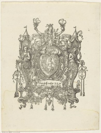 Child Christ in a burning heart with allegorical figures and objects