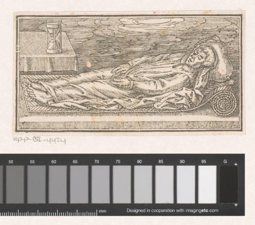 Corpse on display next to an hourglass