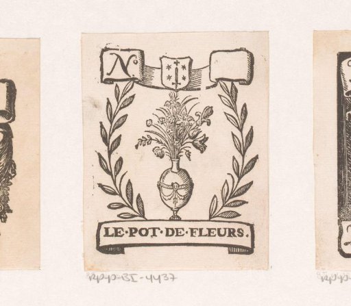 Vignette with a vase of flowers and the coat of arms of the city of Haarlem.